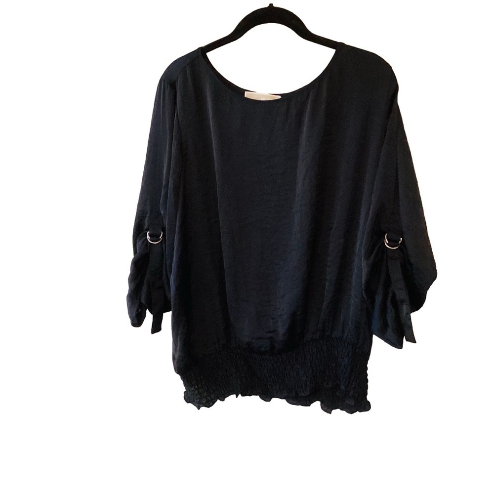 MICHAEL Michael Kors Black Hammered Satin Blouse 3X Black Smocked Witchy